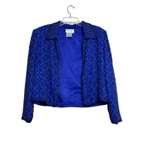 y2k Blue Evening Dinner Jacket Women Large Silk Beaded Vintage Glam Beaded Chic